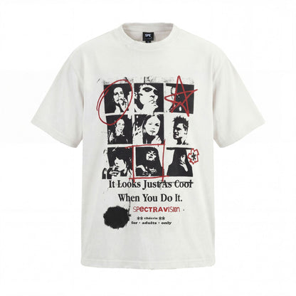 Washed Portrait Letter Print Short Sleeve T-Shirt WN25461