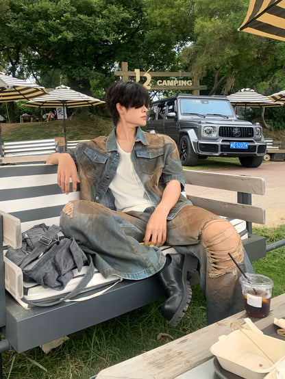 Damage Washed Denim Jacket & Wide Leg Denim Jeans Setup WN19728