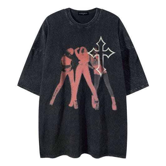 Cross Print Washed Short Sleeve T-Shirt WN16486