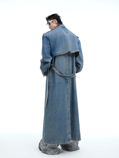 Washed Double Breasted Long Denim Coat WN8684