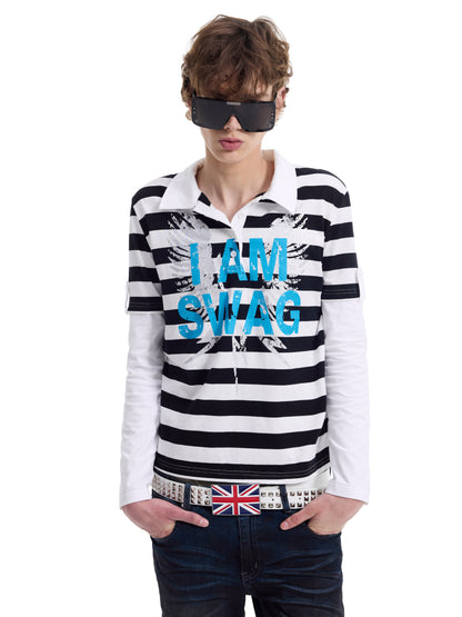 Fake Layered Stripe Logo Print Long Sleeve Polo Shirt WN27198