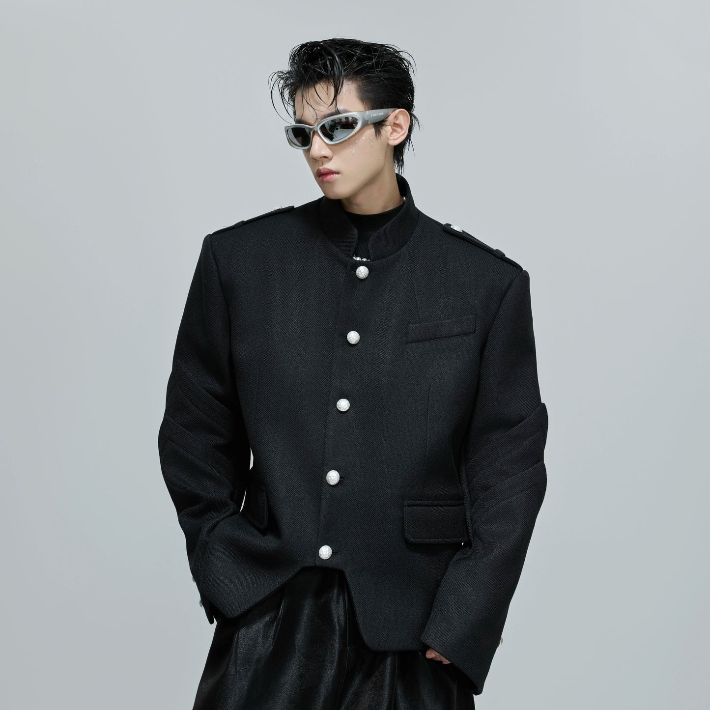 Standing-Collar Pearl Beads Button Tailored Jacket WN21692