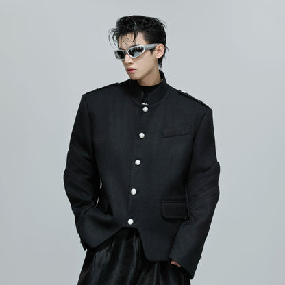 Standing-Collar Pearl Beads Button Tailored Jacket WN21692