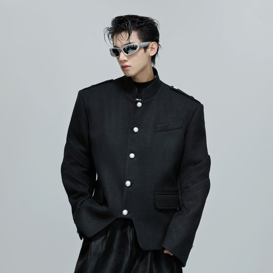 Standing-Collar Pearl Beads Button Tailored Jacket WN21692