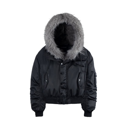 Detachable Fur Collar Pleated Sleeve Studded Hooded Fleece Jacket WN22841