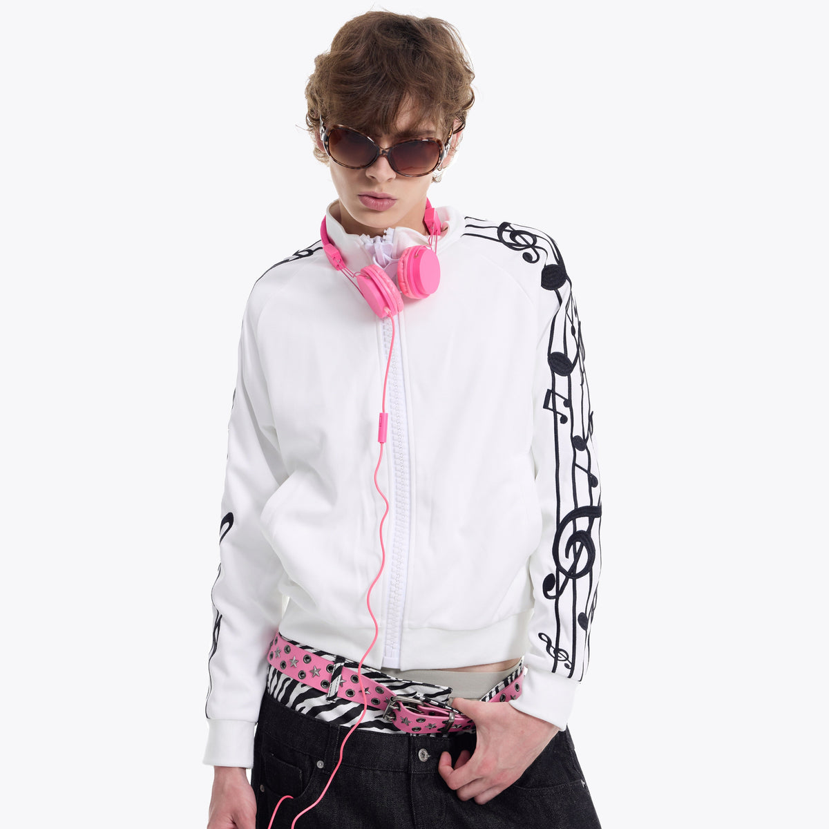 Raglan Music Note Graphic Print Zipper Jacket WN27205