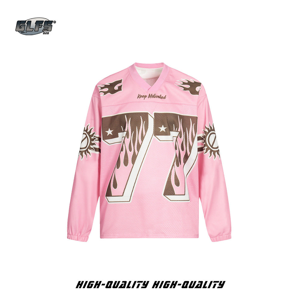 Flame Number 77 Breathable Mesh V-Neck Long Sleeve T-Shirt WN26550