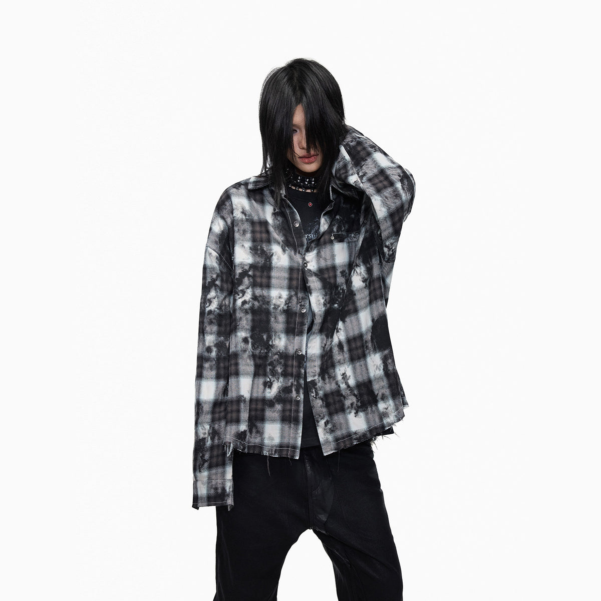 Plaid Washed Raw Hem Oversize Long Sleeve Shirt WN27344