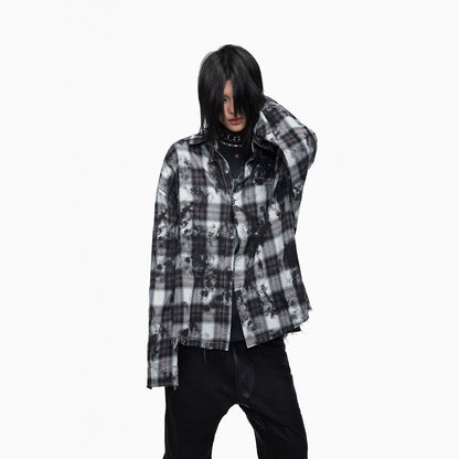 Plaid Washed Raw Hem Oversize Long Sleeve Shirt WN27344