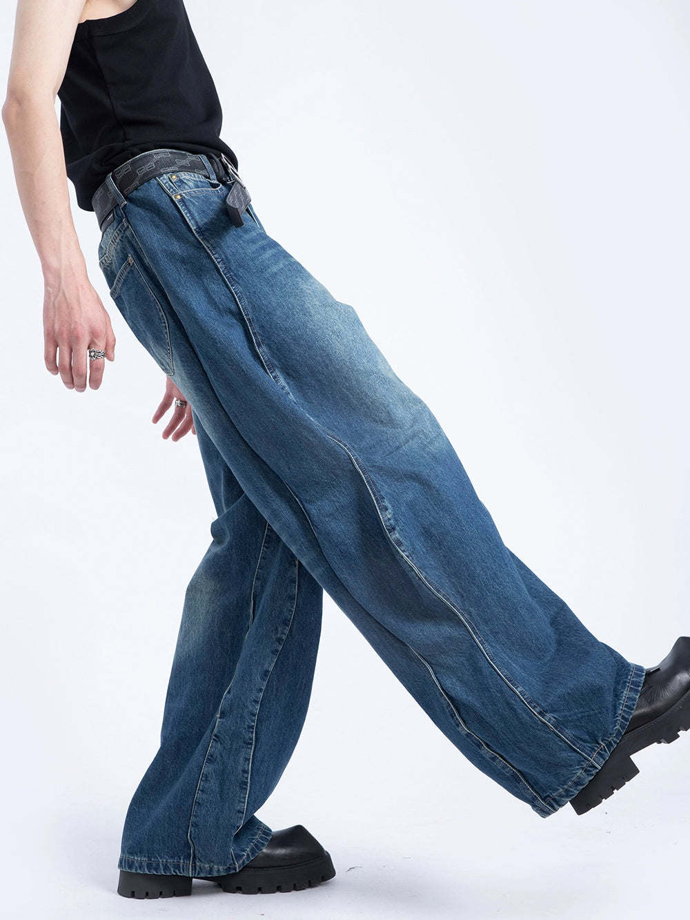 Wave Pattern Stacking Washed Wide Leg Denim Jeans WN7278