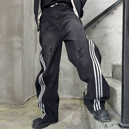 Damage Side Stripe Washed Wide Leg Denim Jeans WN21174