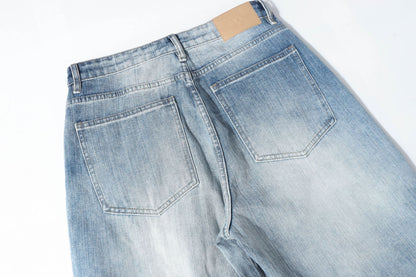Damage Whisker Washed Wide Leg Denim Jeans WN25948