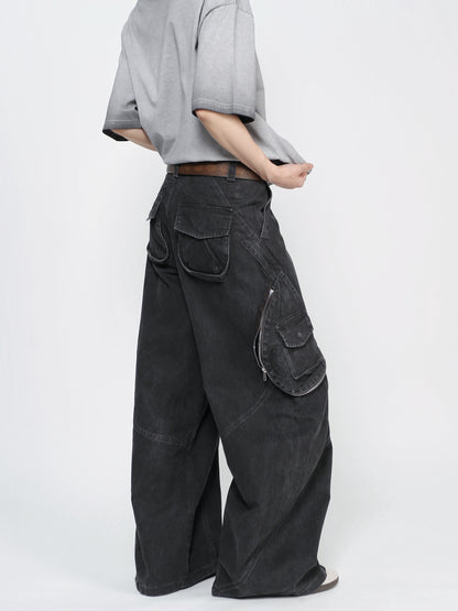 Washed Panel Seam Multi Pocket Wide Leg Denim Jeans WN24487