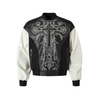 Bordado Patchwork PU Chaqueta de béisbol de cuero WN11339