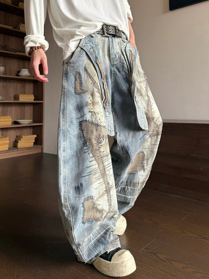 Random Stitch Embroidery Stain Damage Curved Wide Leg Denim Jeans WN23164