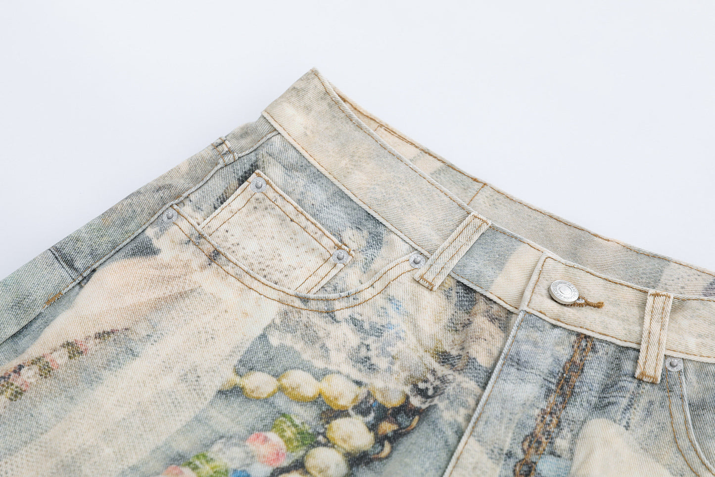 Pearl Chain Collage Print Denim Half Jeans WN25425