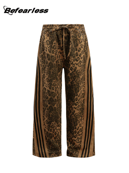 Leopard Design Stand Neck Zipper Jacket & Wide Leg Pants Setup WN18570