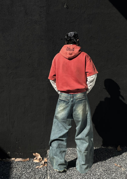 Washed Fake Layered Number Graphic Hoodie WN28120