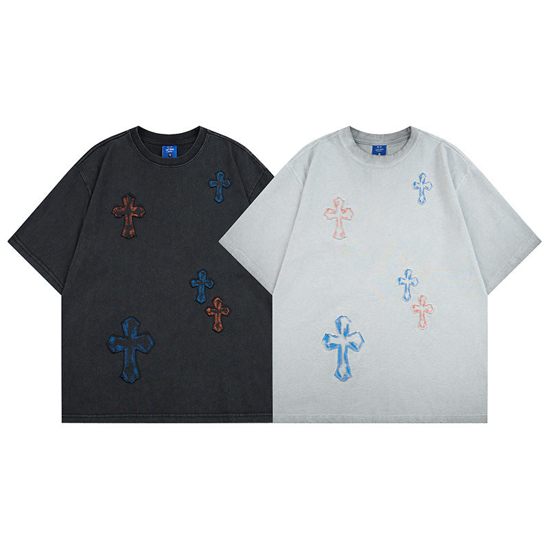 Washed Cross Applique Short Sleeve T-Shirt WN25439