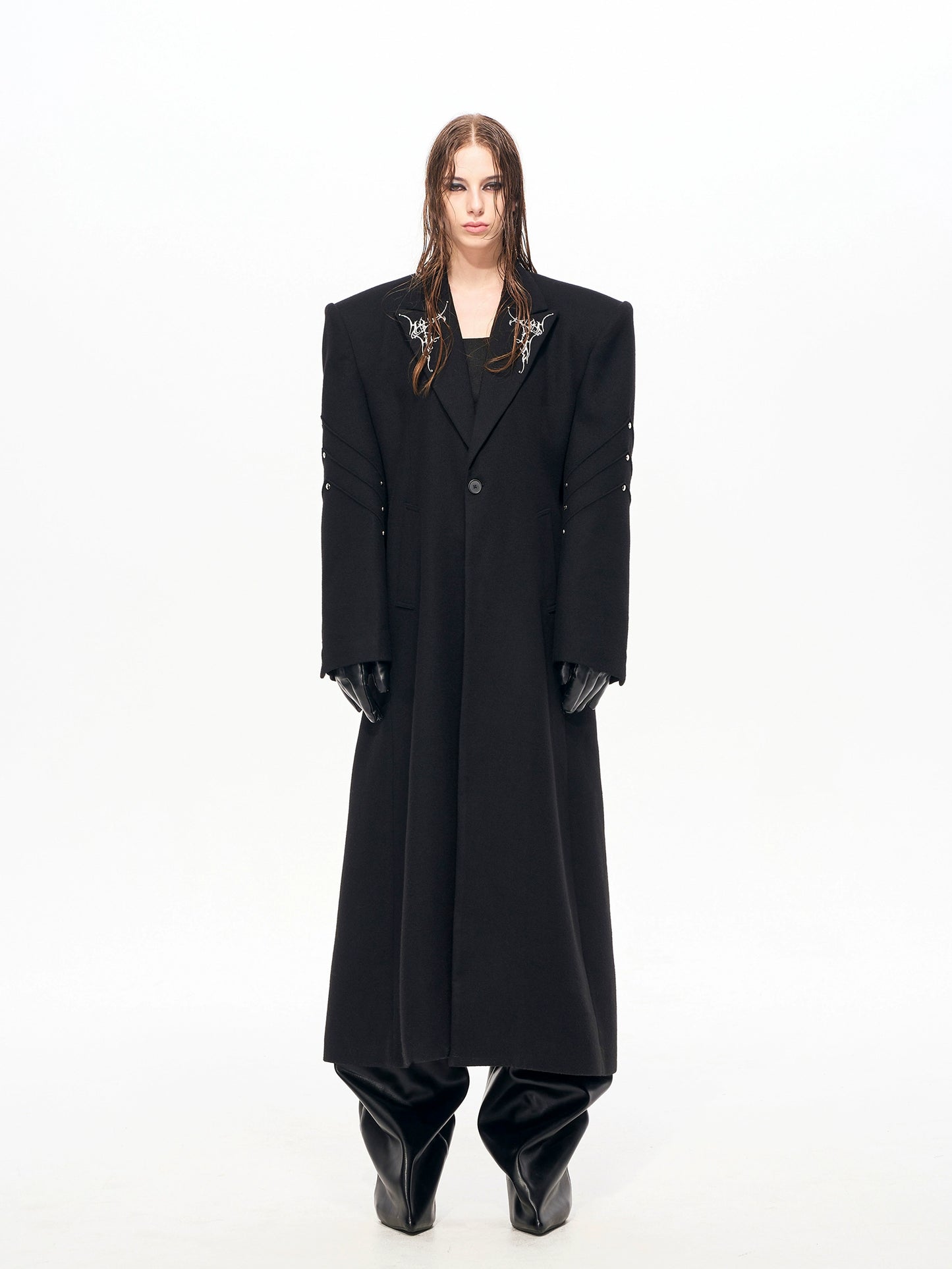 Thorn Embroidery Shoulder-Pad Wool Long Coat WN22159