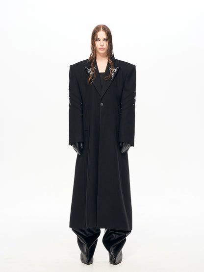 Thorn Embroidery Shoulder-Pad Wool Long Coat WN22159