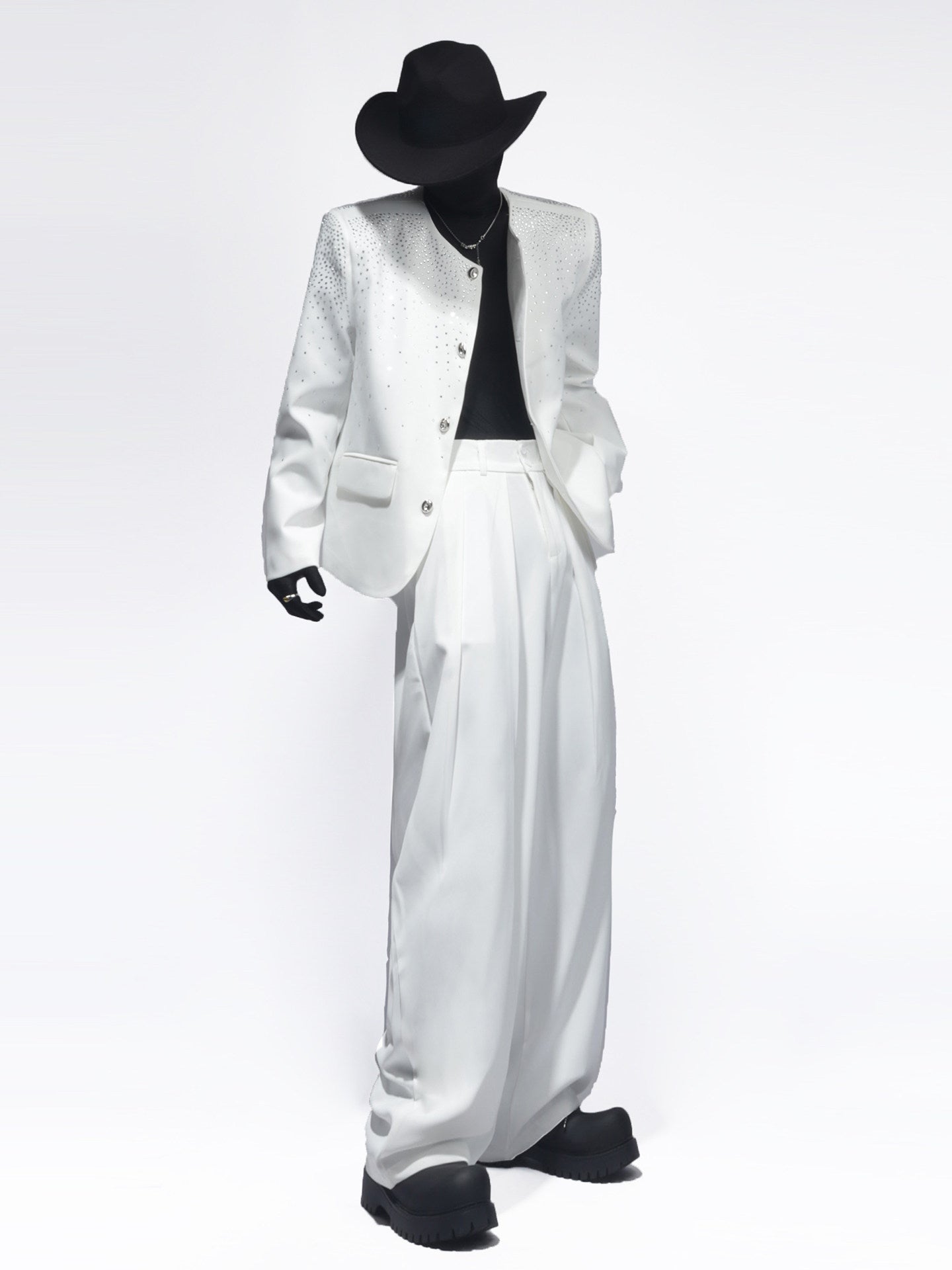 Rhinestone Shoulder-Pad Short Tailored Jacket & Rhinestone Flare Trousers Setup WN23709