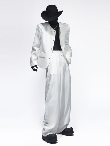Rhinestone Shoulder-Pad Short Tailored Jacket & Rhinestone Flare Trousers Setup WN23709