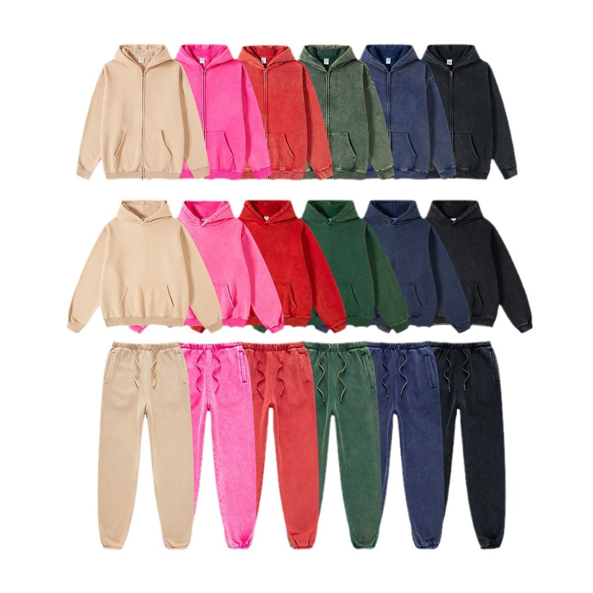 Oversize Fleece Linning Washed Zipper Hoodie & Pullover Hoodie & Pants Setup WN9925