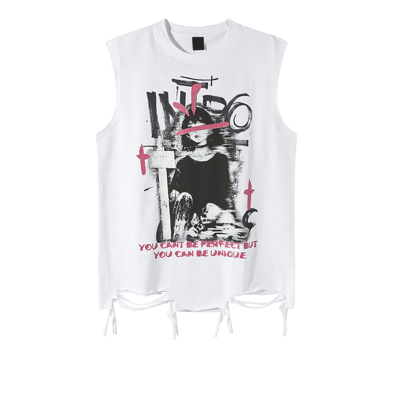 Graphic Print Damage Sleeveless T-Shirt WN16804