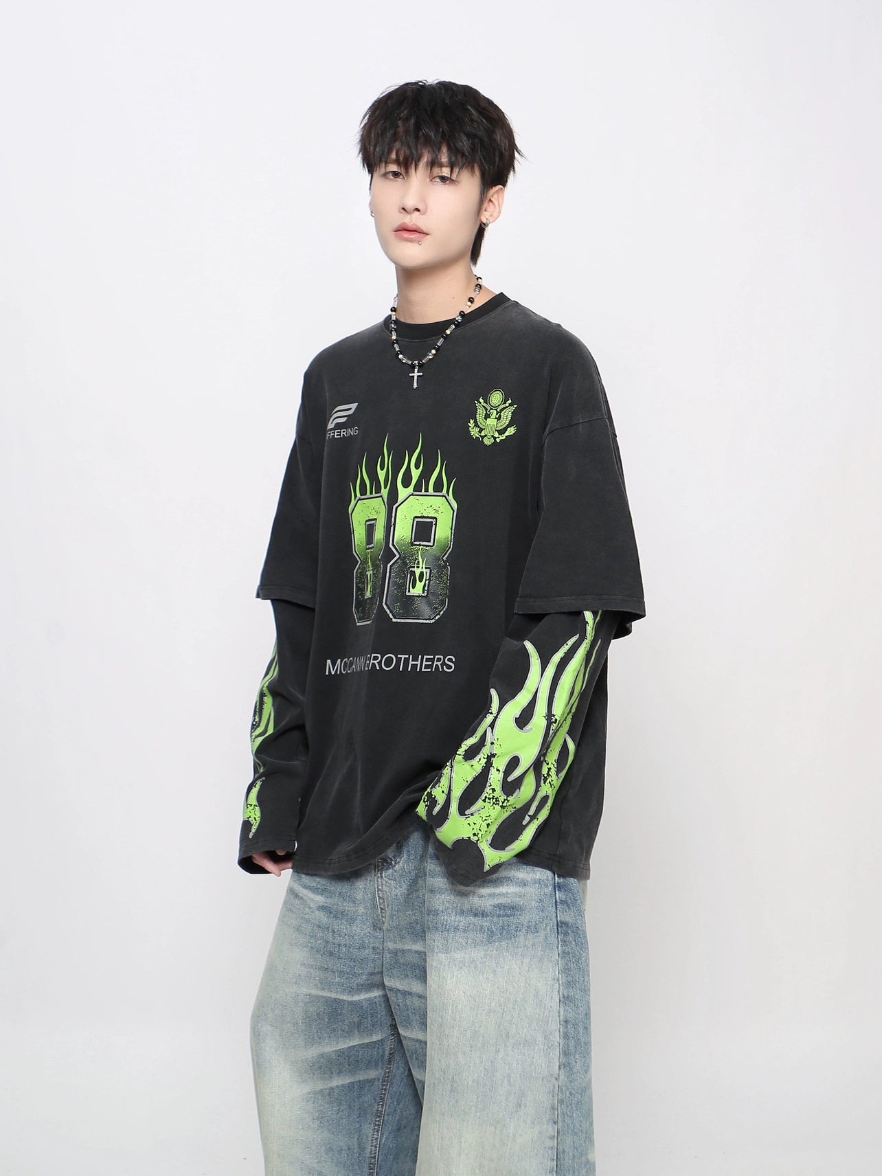 Graphic Print Fake Layered Long Sleeve T-Shirt WN21047