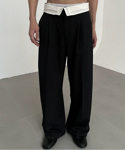 Contrast Folded Hem Wide Leg Trousers WN21571