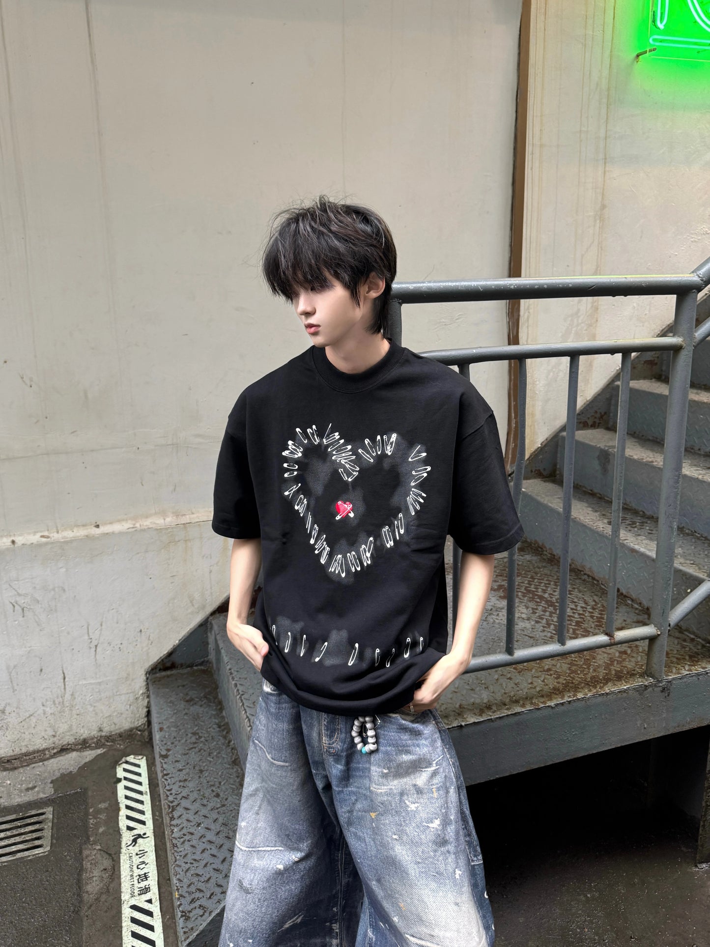 Safety Pin Heart Print Oversize Short Sleeve T-Shirt WN20753