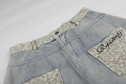 Leopard Print Curved Wide Leg Denim Jeans WN25702