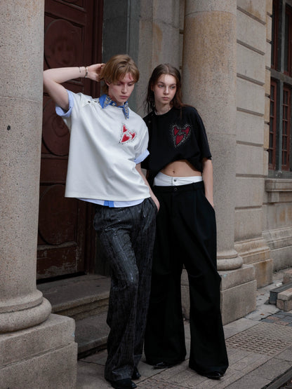 Irregular Neckline Embroidery Rhinestone Short Sleeve T-Shirt WN18374