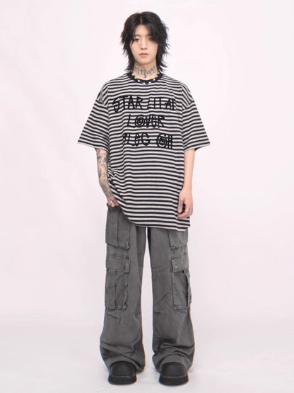 Oversize Stripe Letter Short Sleeve T-shirt WN6541