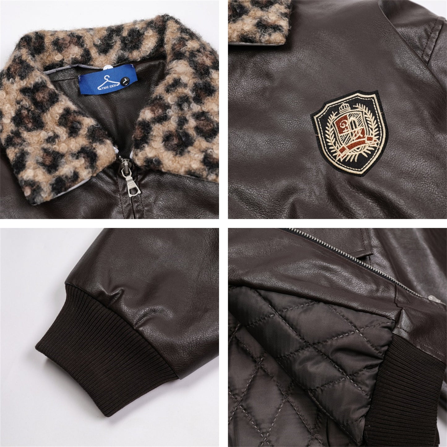 Badge Embroidery Detachable Leopard Collar PU Leather Jacket WN11189