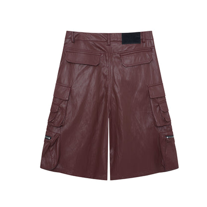 PU Leather Pocket Cropped Wide Leg Cargo Hahf Pants WN25652