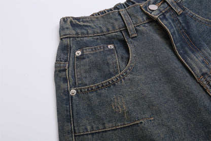 Wide Leg Multi-Pocket Washed Cargo Denim Jeans WN26925
