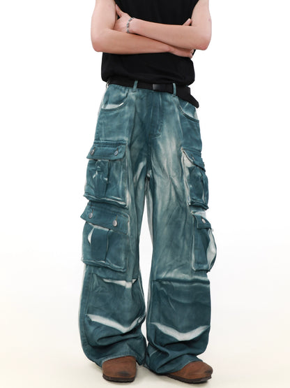 Washed Tie Dye Multi Pocket Wide Leg Denim Jeans WN8306