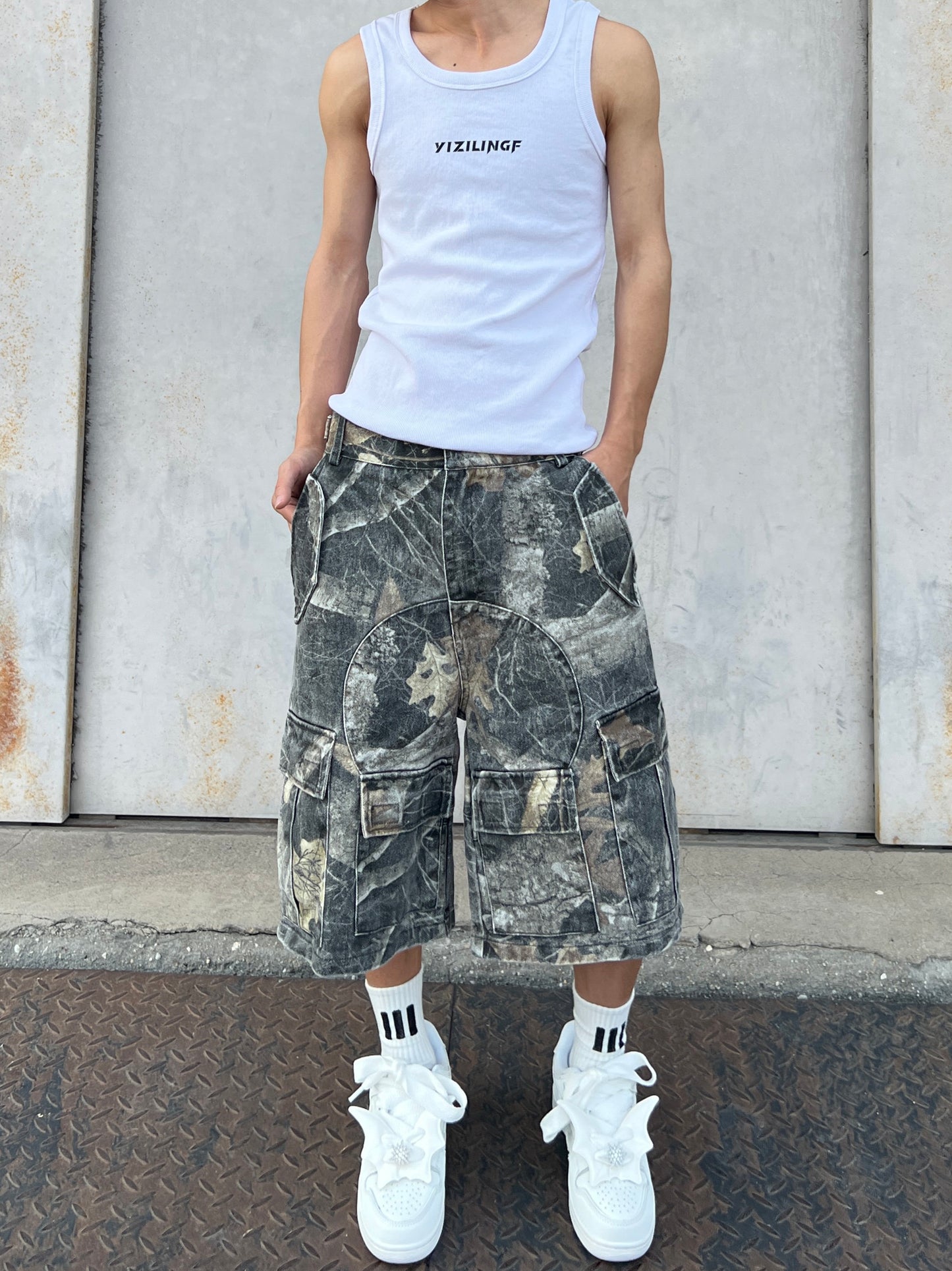 Camouflage Multi Pocket Wide Leg Half Cargo Pants WN24049