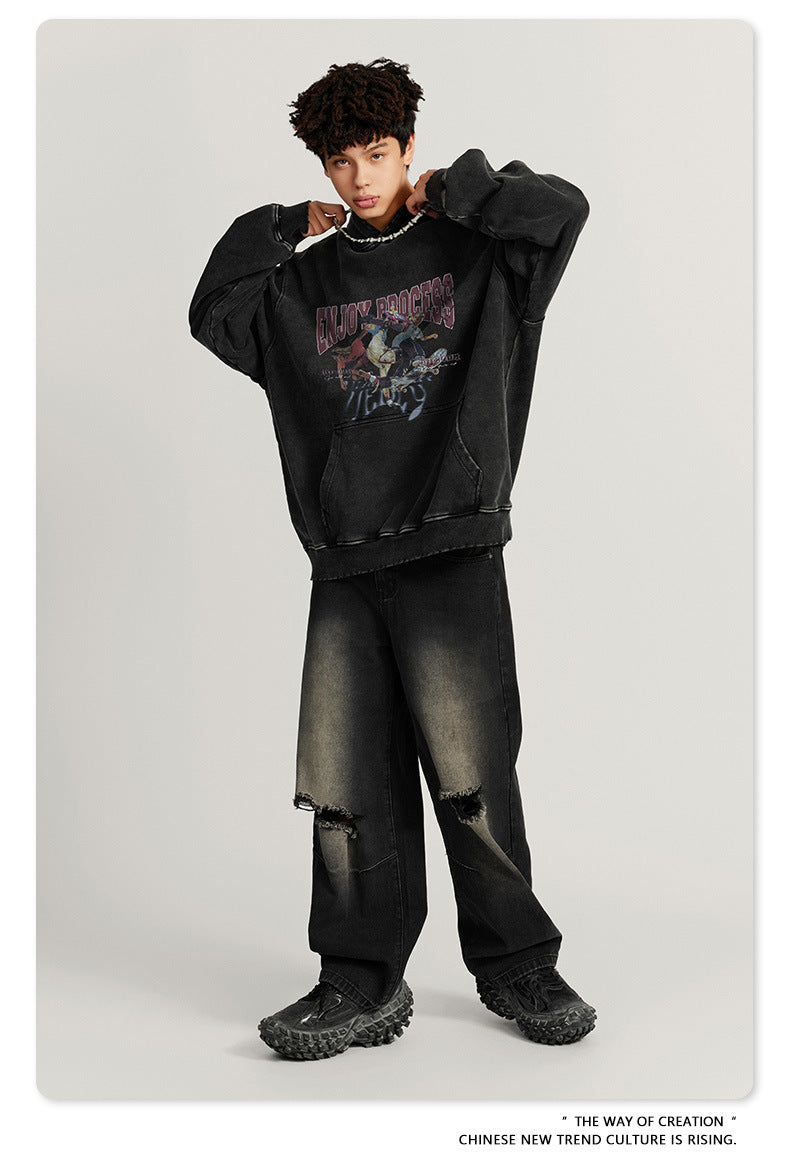 Washed Oversize Skateboard Print Hoodie WN7819