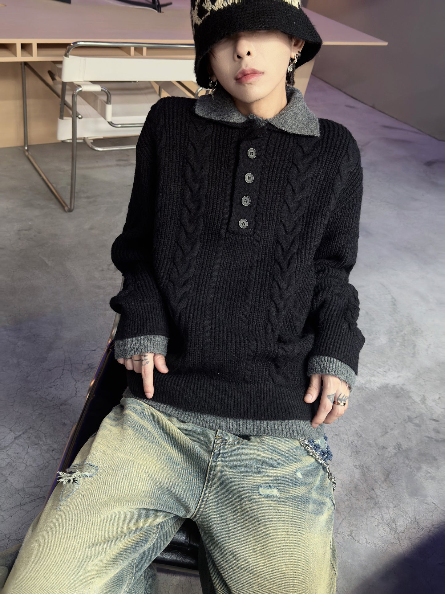 Polo Colar Cable Knit Sweater WN22953