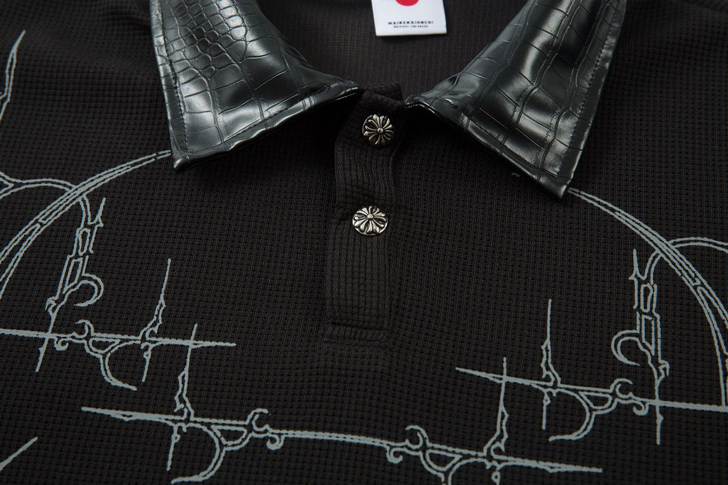 PU Leather Collar Thorn Print Fake Layered Long Sleeve Polo Shirt WN25550
