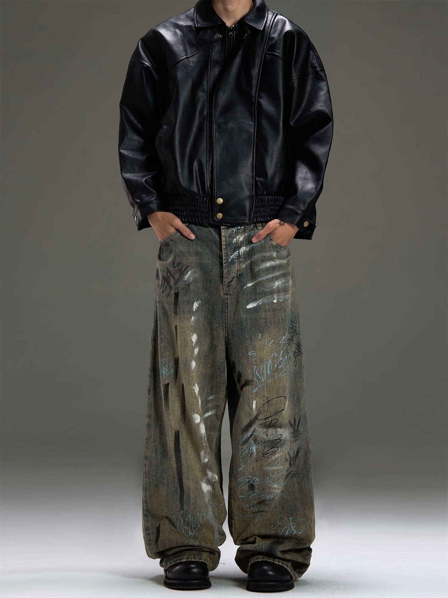 Heavyweight Graffiti Splashed Ink Design Wide Leg Straight Denim Jeans WN8444