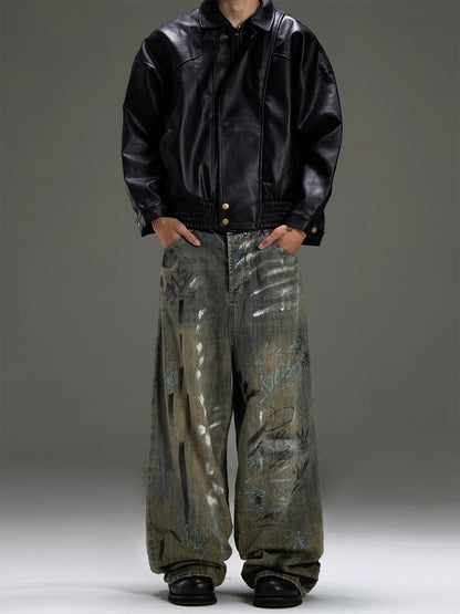 Heavyweight Graffiti Splashed Ink Design Wide Leg Straight Denim Jeans WN8444