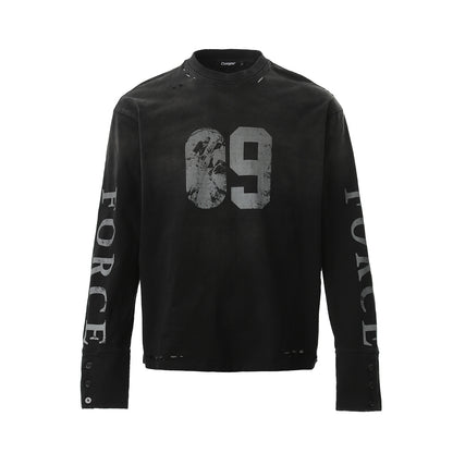 Washed Number Print Damage Long Sleeve T-Shirt WN25386