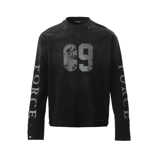 Washed Number Print Damage Long Sleeve T-Shirt WN25386