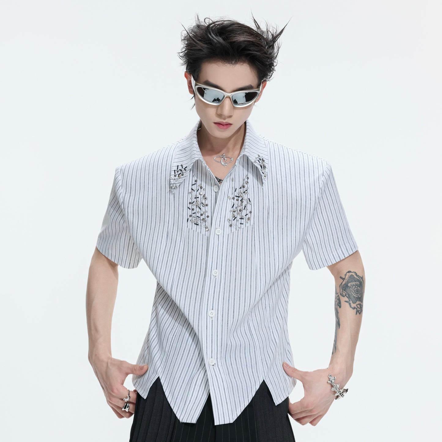 Standing-Collar Shoulder-pad Stripe Asymmetric Short Sleeve Shirt WN26998