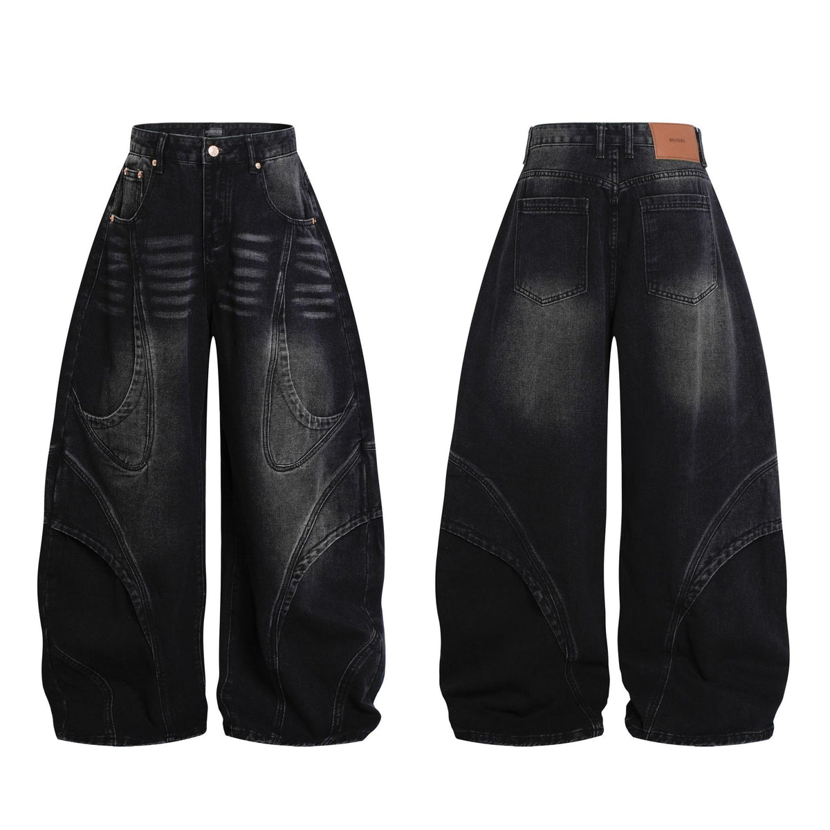Deconstruction Curved Panel Wash Wide Leg Denim Jeans WN27930