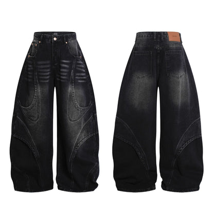 Deconstruction Curved Panel Wash Wide Leg Denim Jeans WN27930